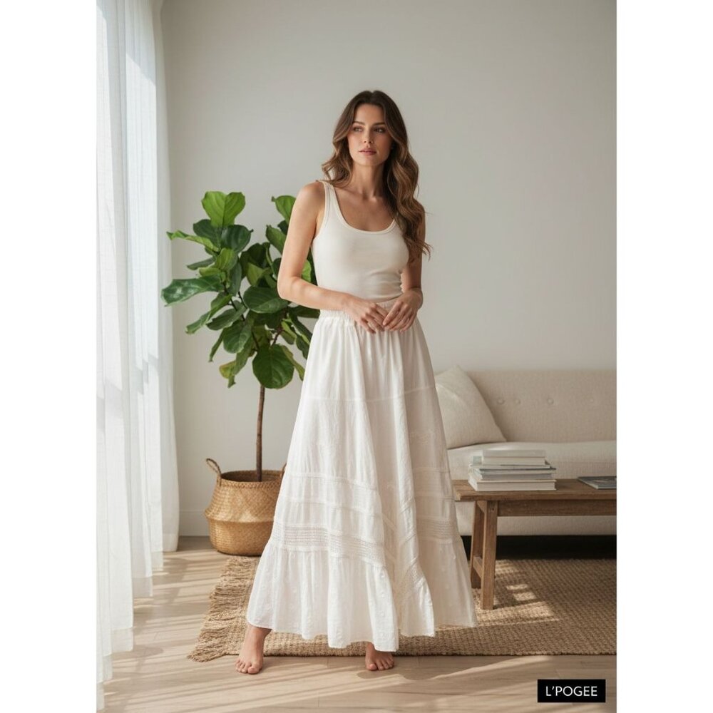 L'POGEE Bohemian White Maxi Skirt With Eyelet Detail & Crochet Layers Tie - Picture 2 of 14
